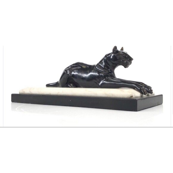Bronze Sculpture "Black Panther" Laying Down,Marble Base Vintage Bombay Company - Picture 1 of 10